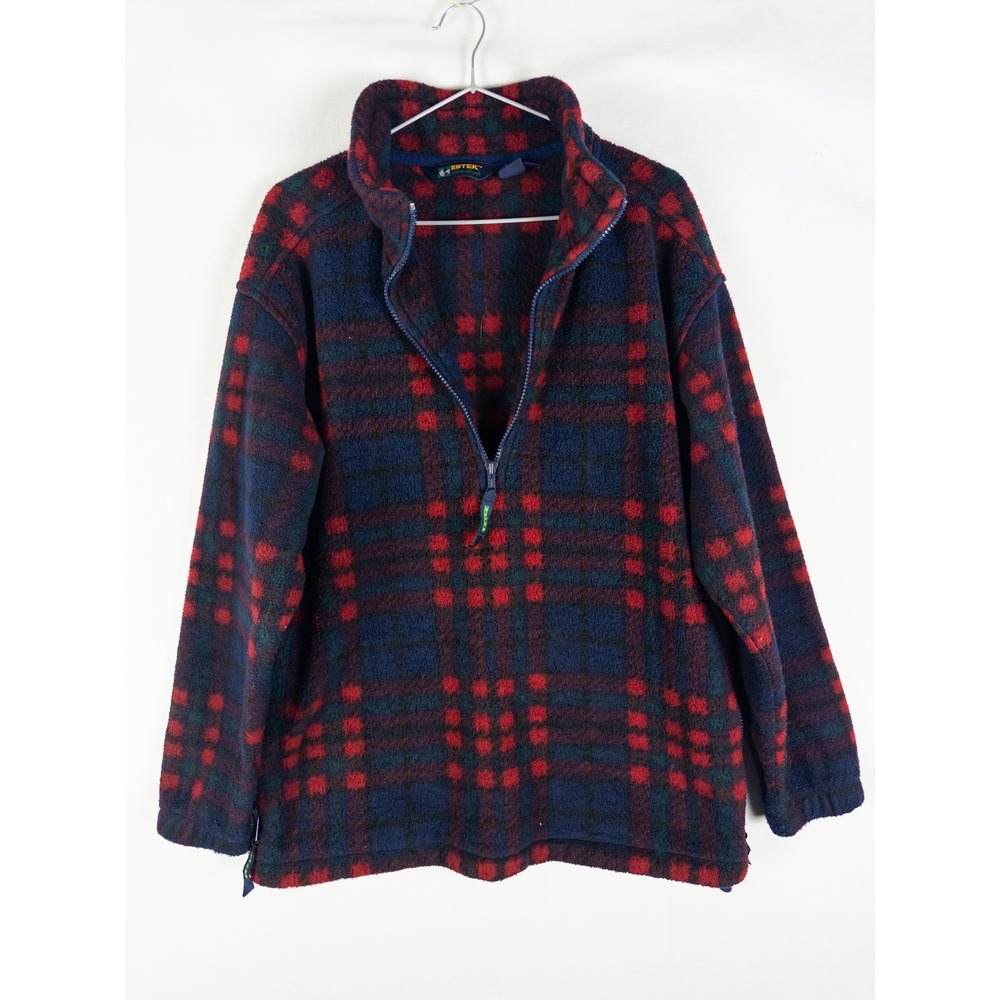 Vintage Eddie Bauer EBTEK Plaid Fleece Quarter Zip Pullover Mens S Navy Red Gorp